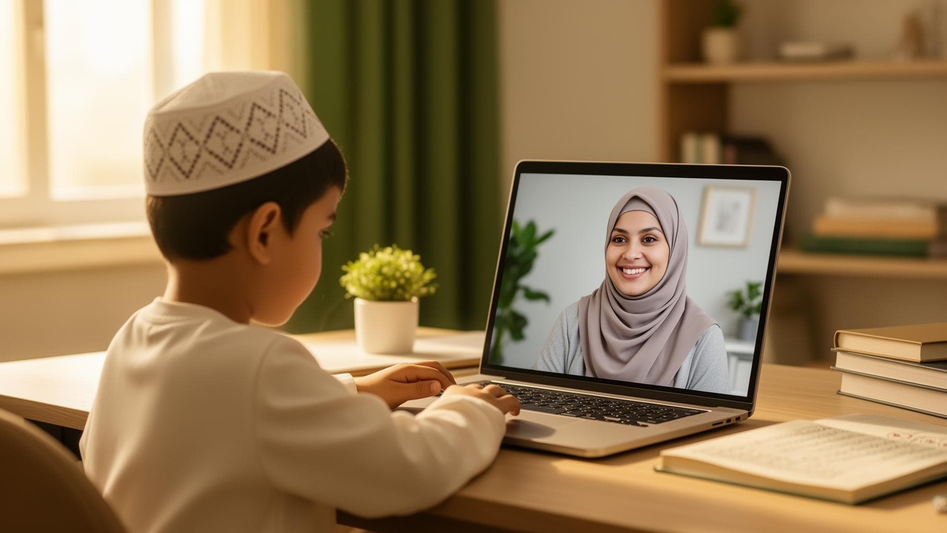Muslim child learning Quran online with a qualified female teacher